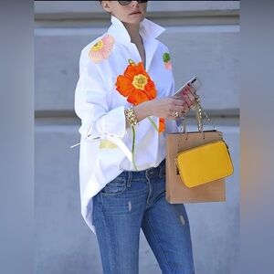 White Button-Up Blouse with Bold Floral Print – Statement Top